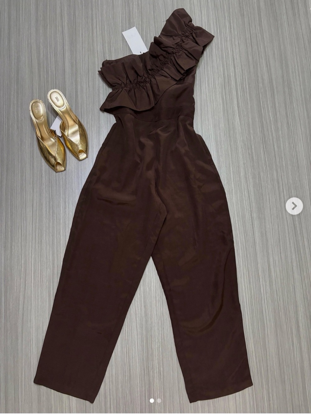 Zara One-Shoulder Ruffle Jumpsuit in Brown